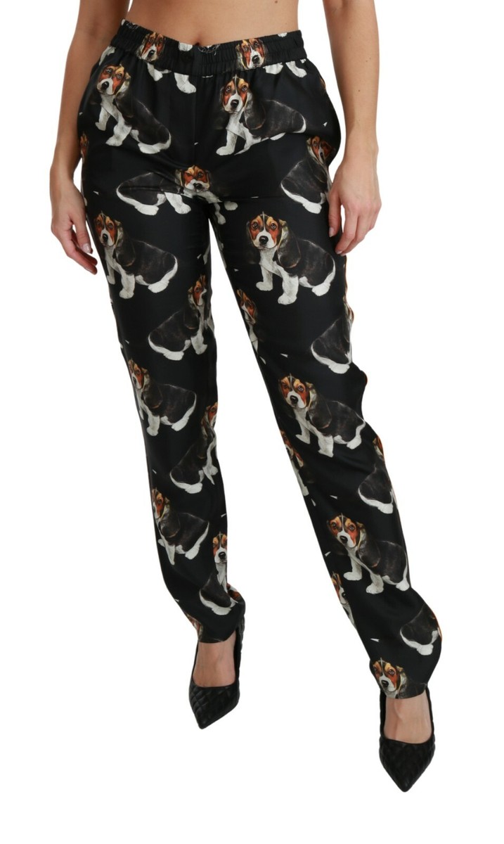 DOLCE & GABBANA Pants Silk Black Puppy Dog Mid Waist Skinny
