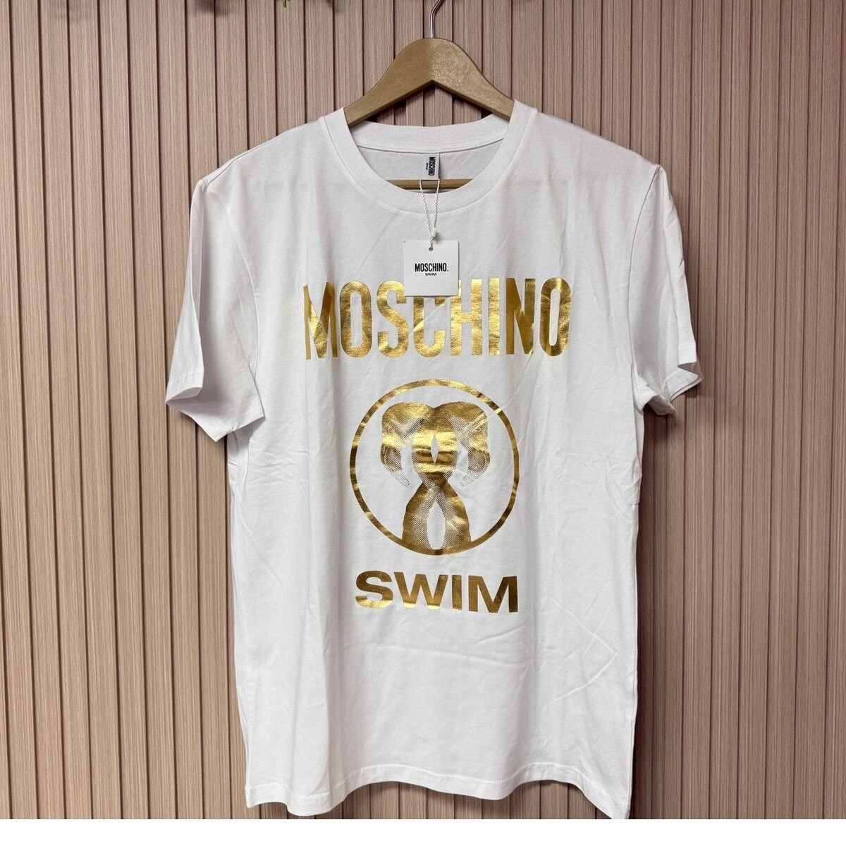 MOSCHINO SWIM Men's Gold Foil Logo T-Shirt in White Sz M | eBay