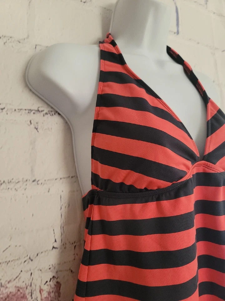Mossimo Traje de Baño Tankini Top Medio Triángulo Halter Corbata Coral Naranja Rayas Foto 4 de 4