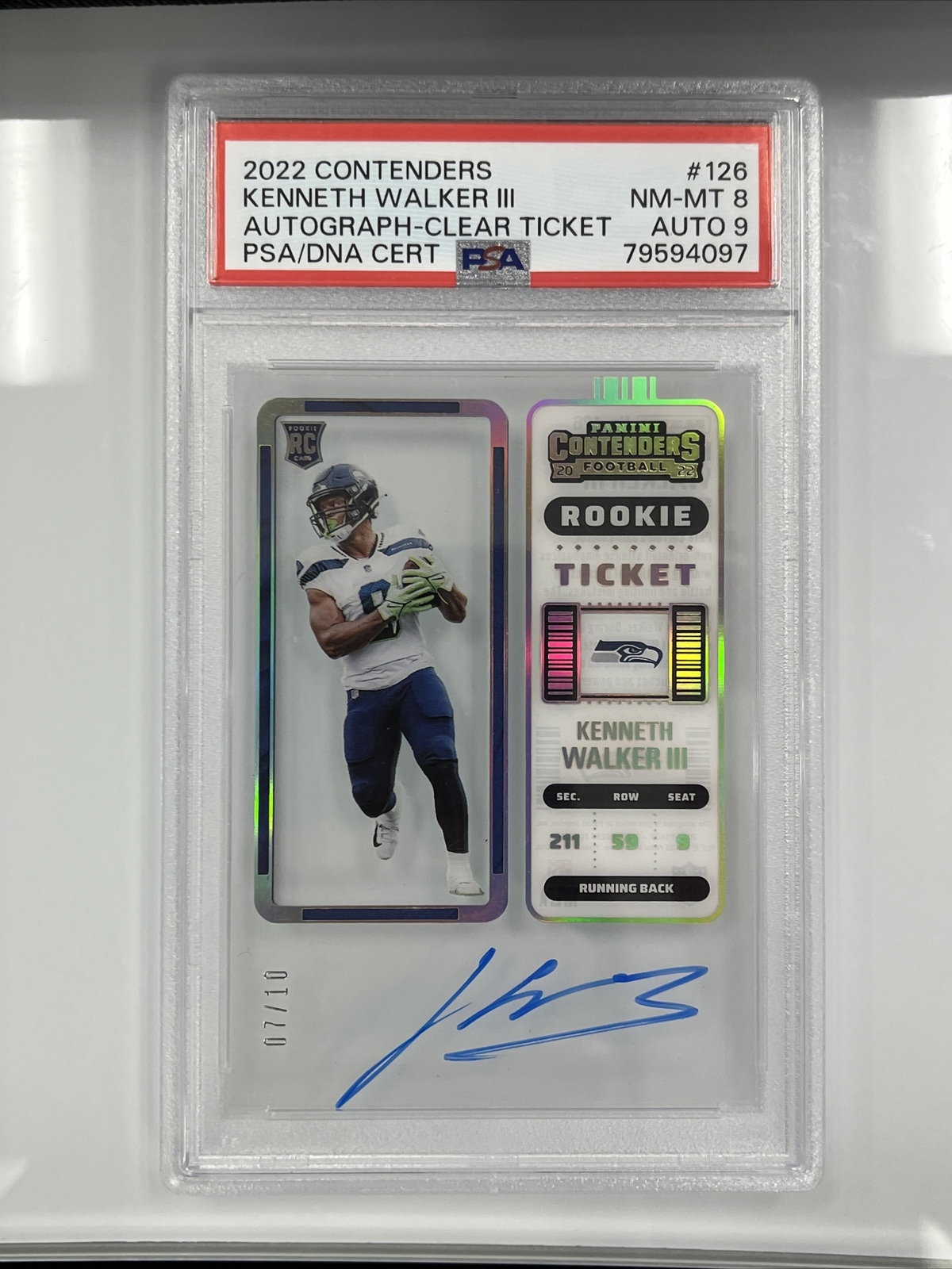 2022 Contenders Kenneth Walker III Clear Ticket Auto #07/10 PSA 8 NM-MT Auto 9