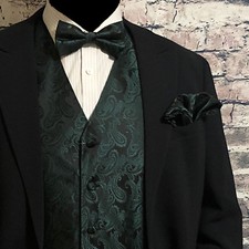 Dark Green Paisley Tuxedo Suit Dress Vest Waistcoat Bowtie Hankie Wedding Prom