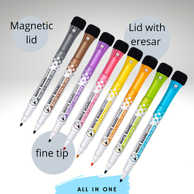 8 Marker - Magnetischer trocken abwischbarer Marker - Whiteboard Büro Stift - feine Spitzenfarben 