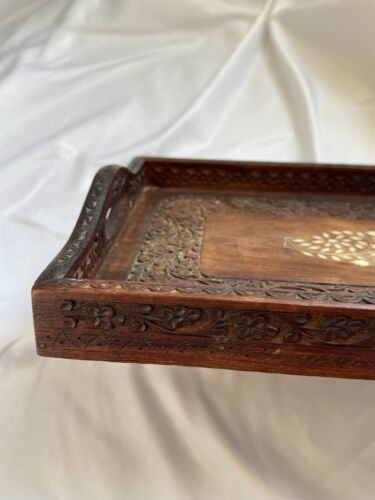 Handcrafted Wooden Serving Tray with Intricate Floral Carvings and Inlaid Design - Picture 8 of 11