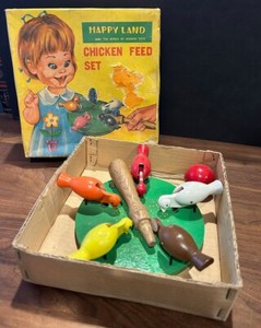 Vintage Happy Land Chicken Feed Set Wooden Toy