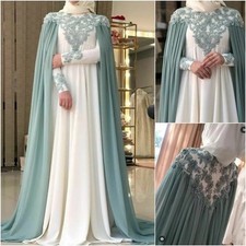 Elegant Muslim Evening Dresses With Cape Lace Applique Full Sleeves Prom Gowns