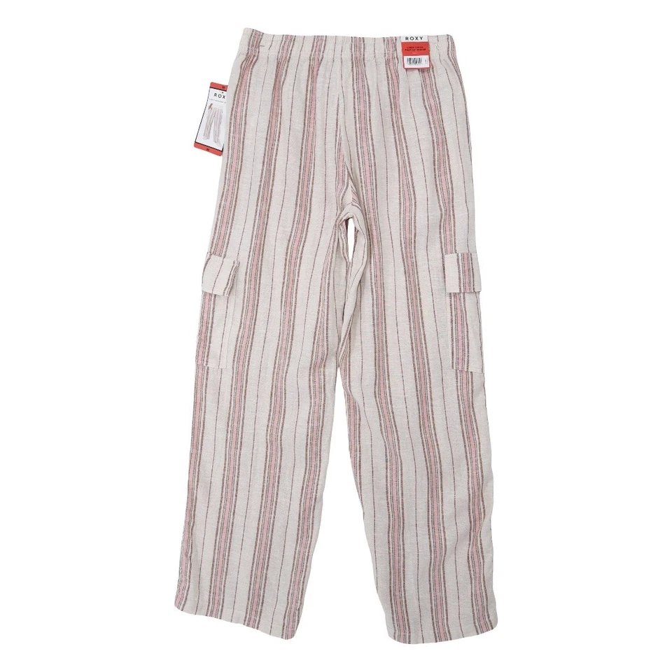NWT Roxy Stripe Linen Blend Cargo Pocket Pants, Cream and Pink  M Beachy - Image 2 of 4
