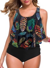 Women High Waisted Swimsuit Two Piece Ruffled Top Tummy Control Bikini Bottom