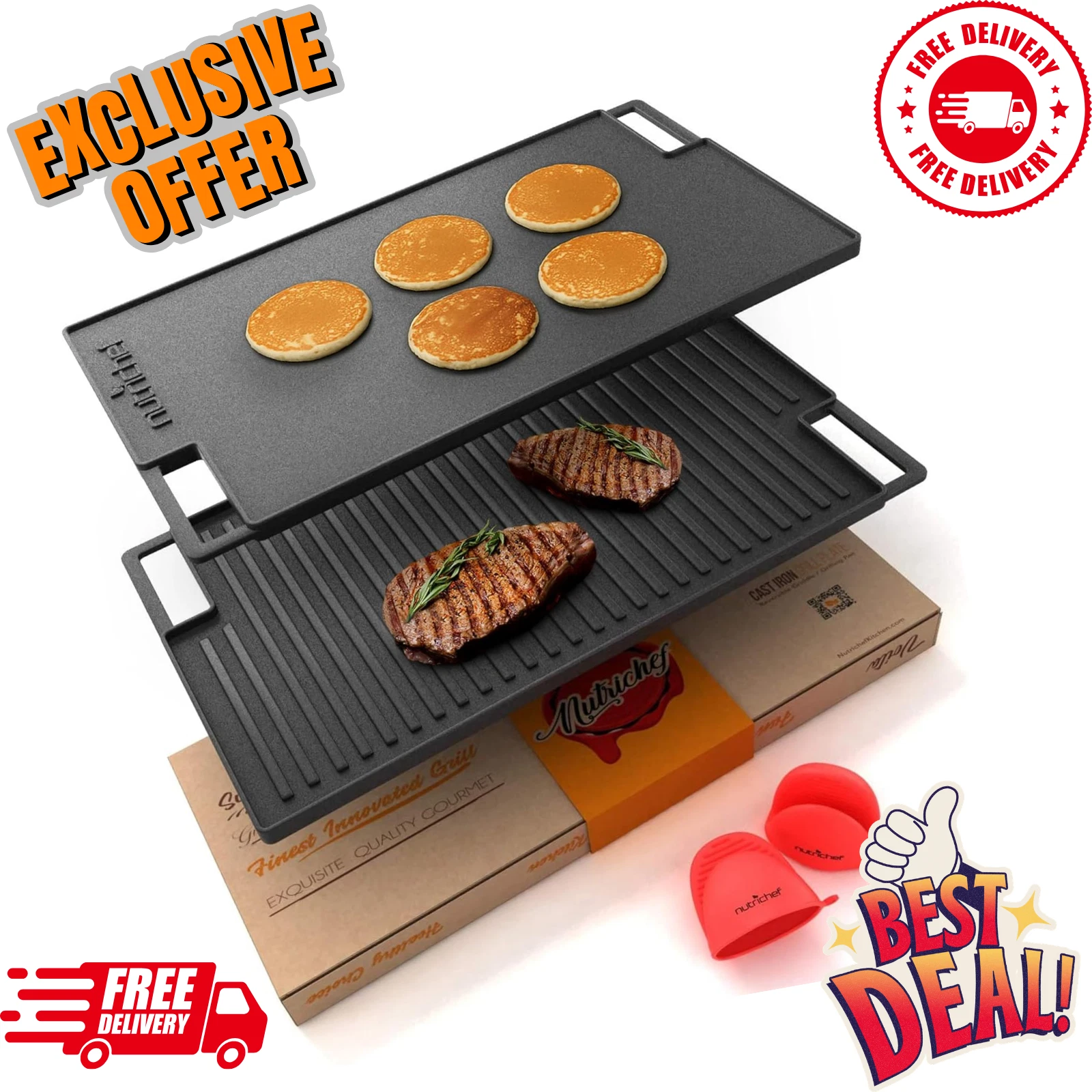 Nutrichef Reversible Cast Iron Grill Plate – 46 x 25cm, Flat & Ridged Griddle