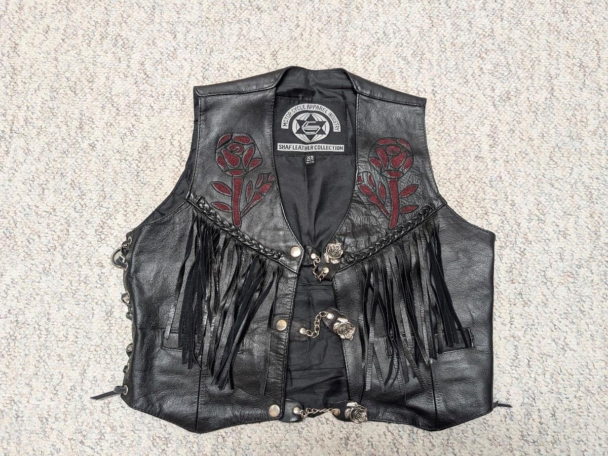 トップス Used Leather Vest 1990s vintage MOTORCYCLE leather vest XS black ROSES cowboy