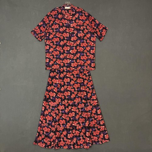 Natalie Martin Shirt Skirt 2 Piece Set Womens M Black Red Silk Floral Print Boho