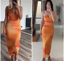 ZARA SS24 STRAPPY PRINTED DRAPED TULLE MIDI DRESS M,L,XXL ORANGE 3081/024 NWT