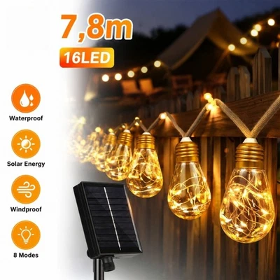 16LED Solar Lichterkette 7,8M Außen Lampe Garten Glühbirnen Beleuchtung Balkon - Bild 1 von 4