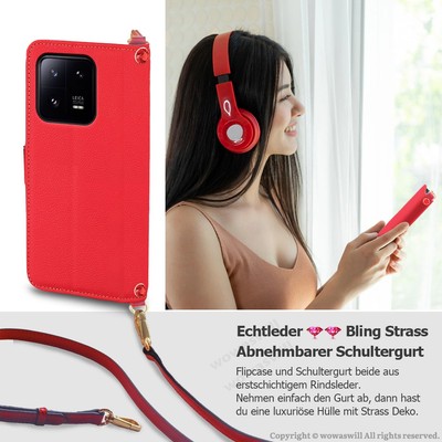 Echtleder Umhängetasche RFID Sperre Klapphülle für Xiaomi Redmi Note 13 Pro Plus