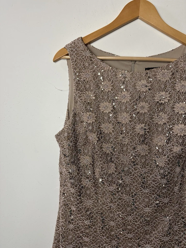 Vtg Y2k 90s Sheath Dress Sequin Beige Crochet Knit Lined Forest Fairy Grunge 16 - Image 3 of 4