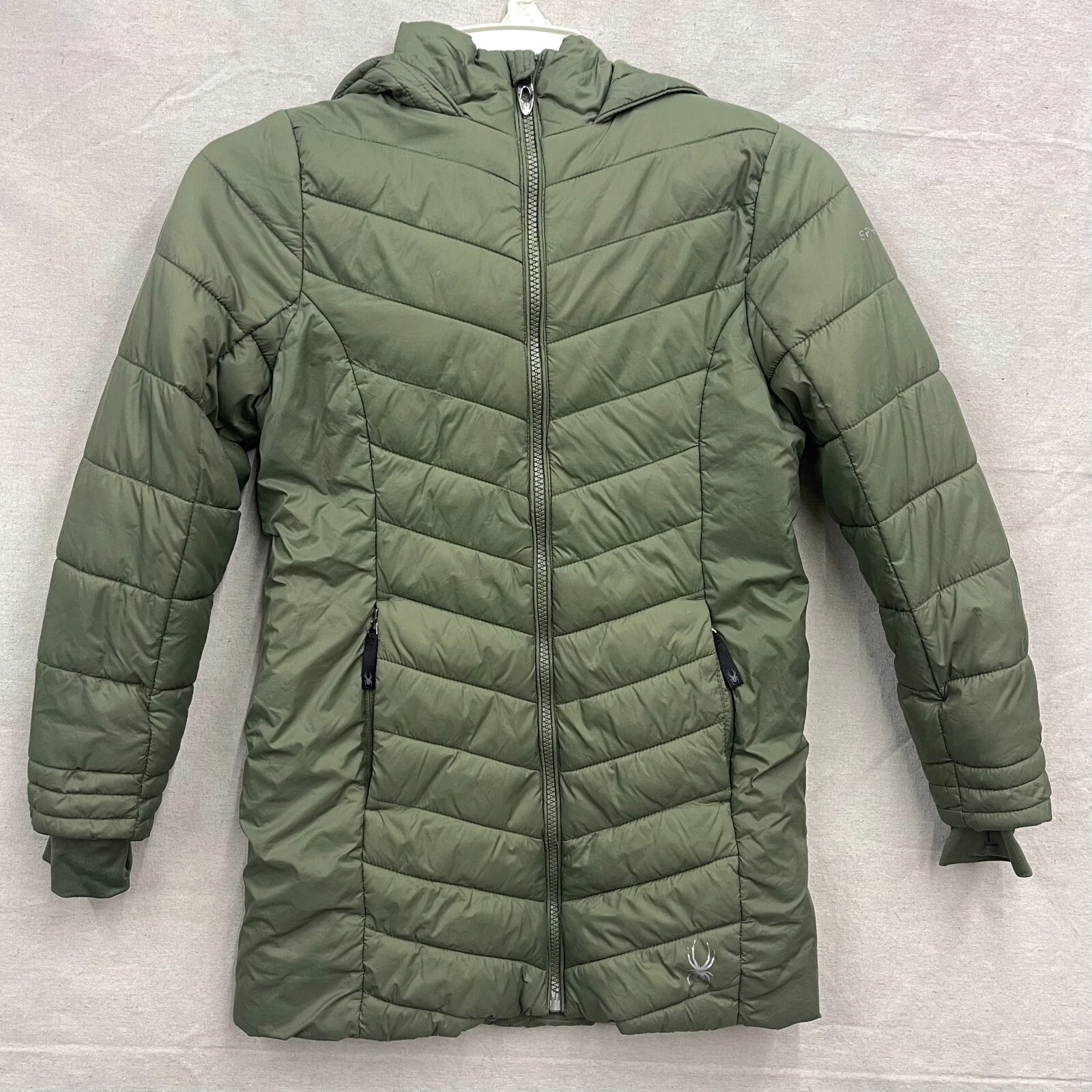 Spyder Green Puffer Jacket Womens Medium Full Zip Long Hooded Winter Snow