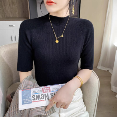 Lady Turtle Neck Knitted Shirts Tops Fit Short Half Sleeve