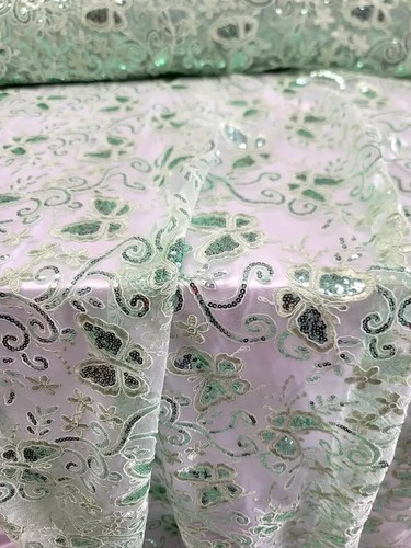 Butterfly Design Lace Sage Embroidered Sequins Fabric Sold By Yard Quinceañera - Picture 12 of 15
