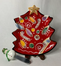 Clay Art Navidad Plate & Snowman Spreader Appetizer Christmas Tree Shape 7 3/4"