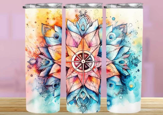 Watercolor Mandala 20 oz Insulated Skinny Tumbler with slide lock lid and straw