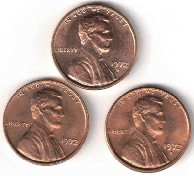 1972 D-P-S Three Uncirculated Lincoln Memorial Cents!