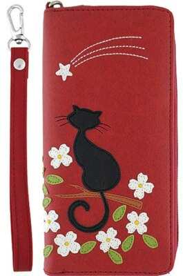 LAVISHY CAT APPLIQUE LARGE ZIP WRISTLET WALLET VEGAN FAUX LEATHER  NEW 55-257RED