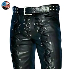 Men's Black Genuine Leather Pants Biker Trousers Lace Up Motorcycle Riding Wear