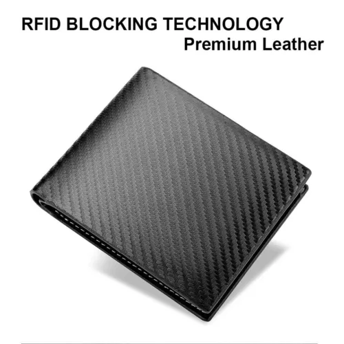 Cartera de cuero de fibra de carbono para hombre con bloqueo RFID delgada doble pliegue titular de tarjeta de crédito - Imagen 6 de 10
