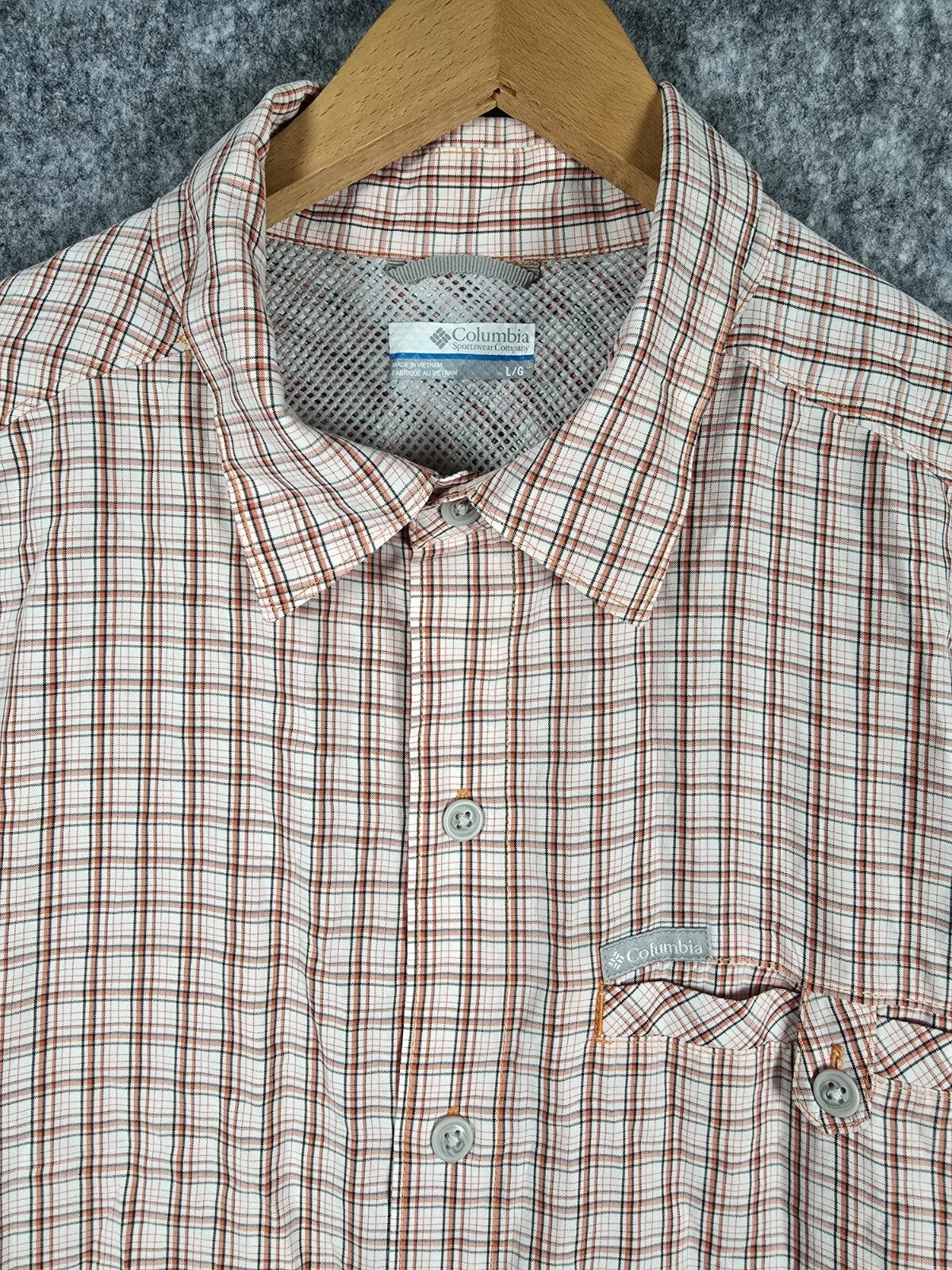 Columbia Shirt Mens Large Orange Black White Plaid Vented Plaid Hike Fish GUC
