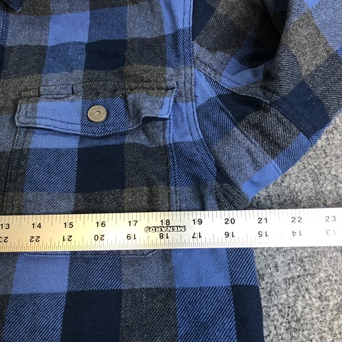 Duluth Trading Flapjack Flannel Shirt Mens Small Blue Heavy Plaid Snap Shacket - Picture 5 of 7