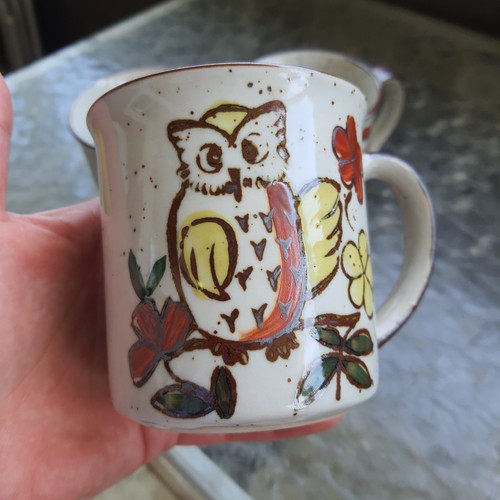 Vintage Otagiri Japan Style Speckled Stoneware Owl Floral Coffee Mugs Set Of 6 - Picture 6 of 9