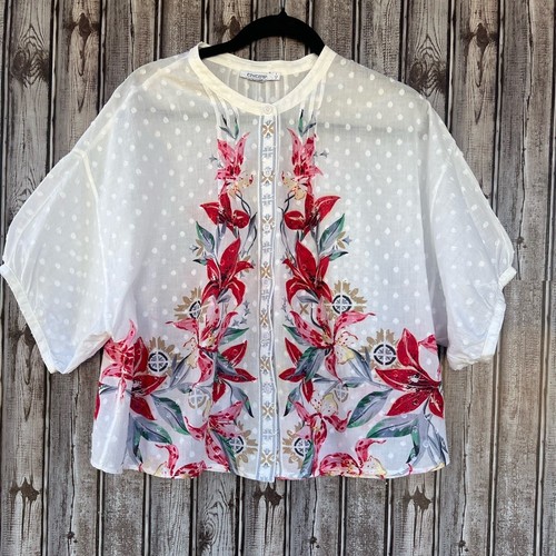 Chico"s Floral Dolman Sleeve Cotton Shirt size 1 - Picture 3 of 7
