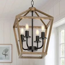 Farmhouse Lantern Chandelier 4-Light, Industrial Brushed Rustic Oak Ceiling L...