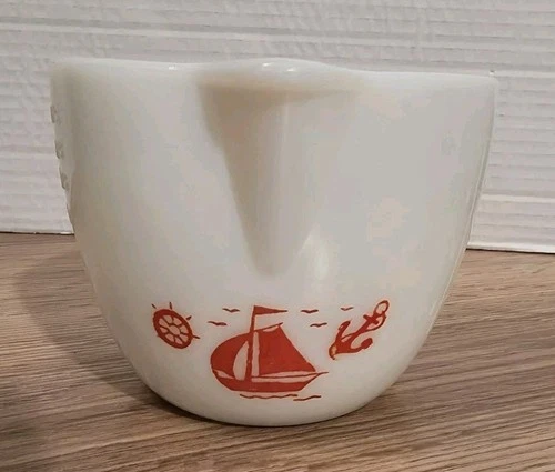 Vintage McKee Milk Glass Glasbake Red Ships 16 oz. Measuring Pitcher USA Retired