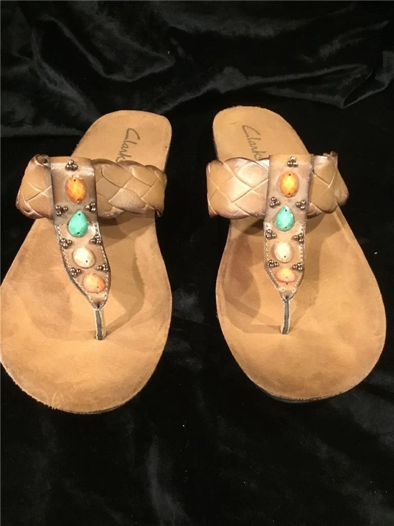 SANDALI DONNA CLARKS TAGLIA 7 M SCARPE INFRADITO CON PERLINE GIOIELLO FONDO GOMMA