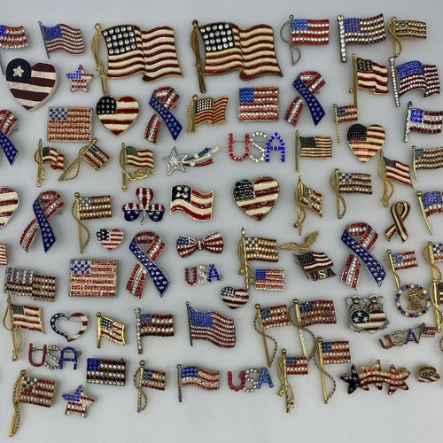 Lot of 75 Vintage Patriotic FLAG BROOCH Pins Rhinestone Enamel Costume Jewelry