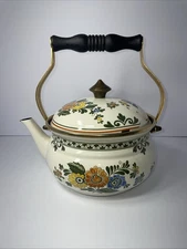 ASTA Enamelware Tea Kettle Teapot Brass Handles Floral Vintage UNUSED Germany