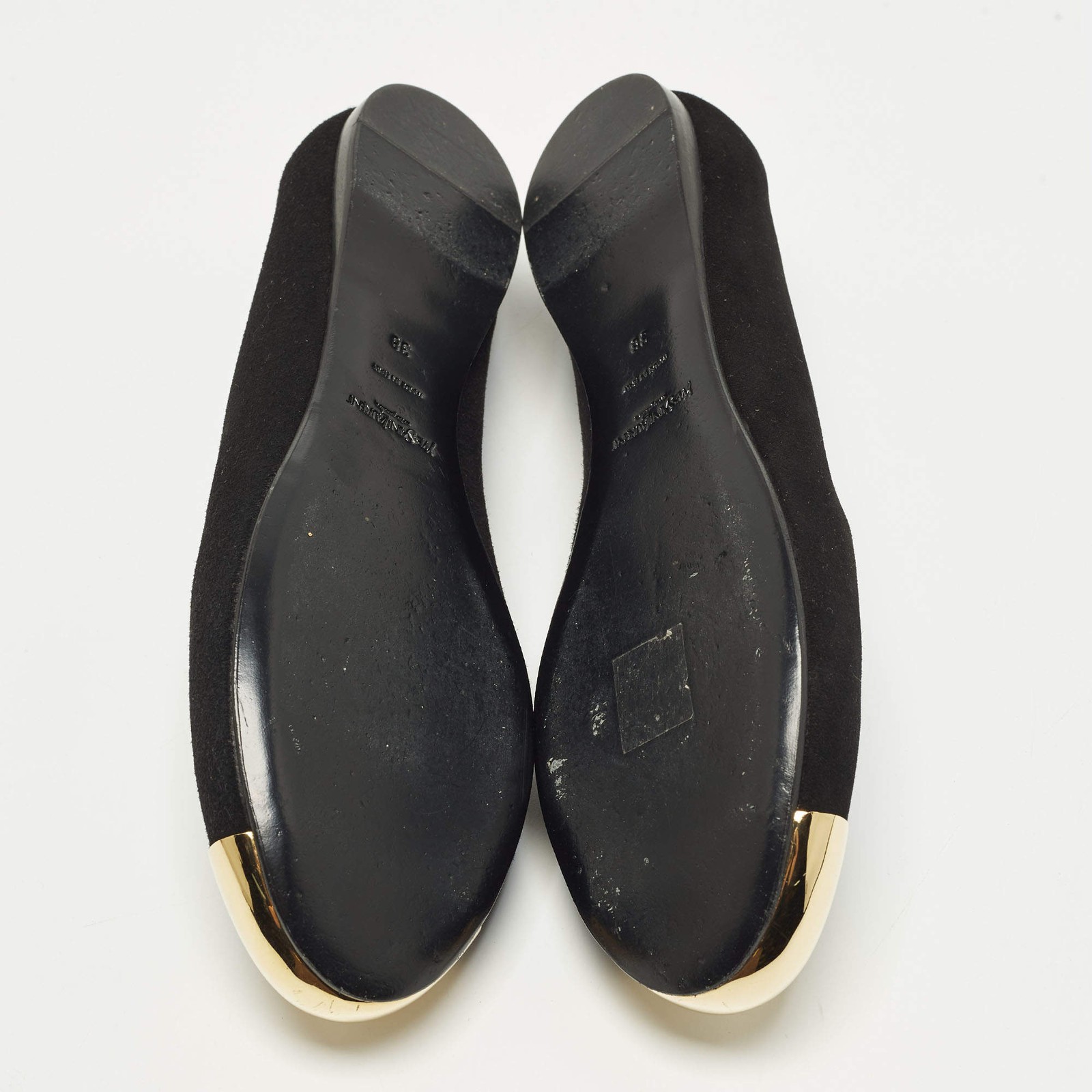 Yves Saint Laurent Size 38 BlackGold Metal and Suede Cap toe Ballet Flats thumbnail 6