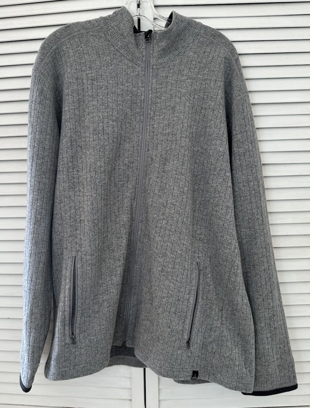 prAna Men’s XXL Gray Full Zip Wool Blend Ribbed Sweater Jacket Fleece Lined