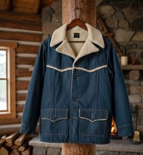 SEARS ROEBUCK VINTAGE 70  S 46 T FAUX SHEARLING DENIM COAT JACKET BLUE