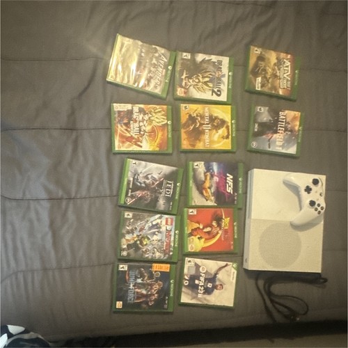 Microsoft Xbox One S White Console + White Controller, Games Lot, power cable