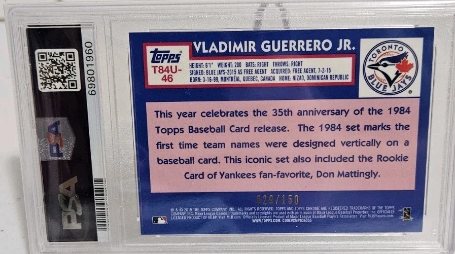 2019 Topps Update Silver Pack Vladimir Guerrero Jr. 1984 Blue Ref /150 PSA 9 - Image 2 of 2