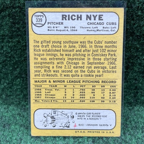 1968 Topps Baseballkarte - #339 Rich Nye Chicago Cubs POOR * markiert! Vintage Lesen A** - Bild 2 von 4