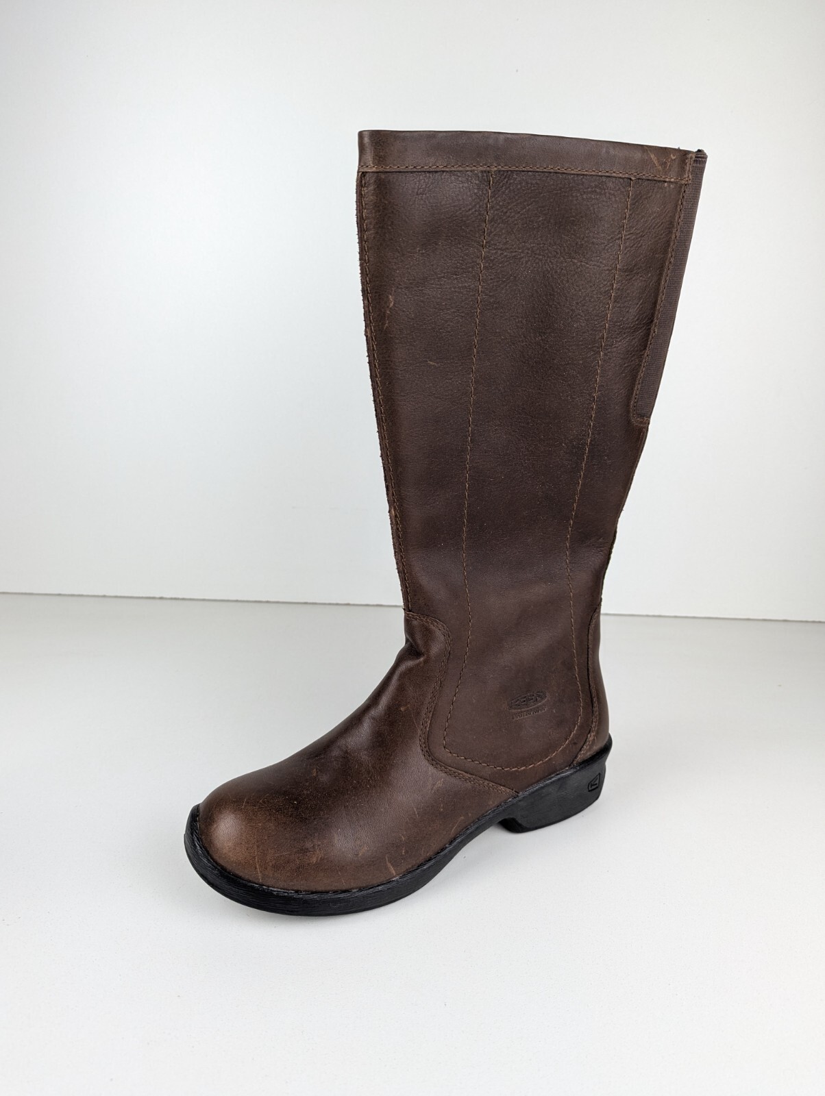 Stivali Keen Tyretread donna taglia 8 pelle marrone alti al ginocchio equitazione zeppa zip