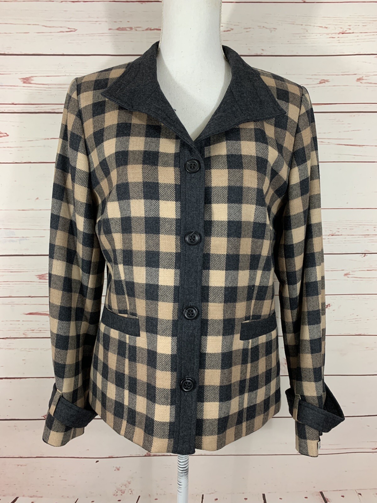 Womens Pendleton Tan Brown Plaid Jacket 100% Virg… - image 4