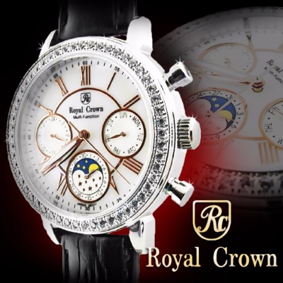 Royal Crown Multi-Function 6422 Women's Watch 39mm Case CZ Stones Leather Band