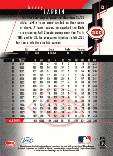 2001 Donruss Leaf Rookies & Stars #73 - Barry Larkin - Cincinnati Reds 01-072 - Picture 2 of 2