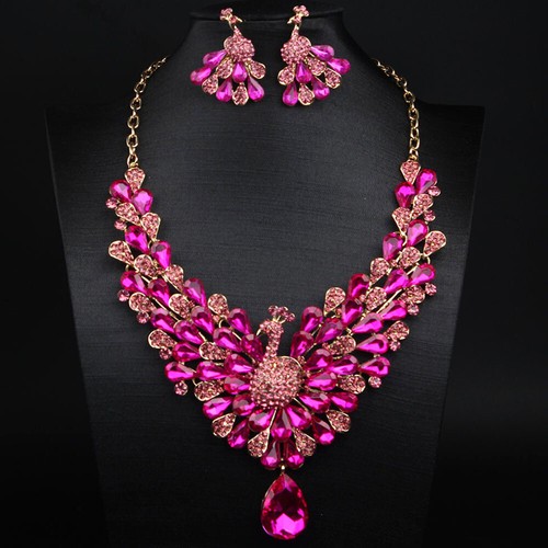 Women Crystal Necklace Earring Jewelry Set Wedding Party Peacock Pendant Choker - Picture 50 of 55