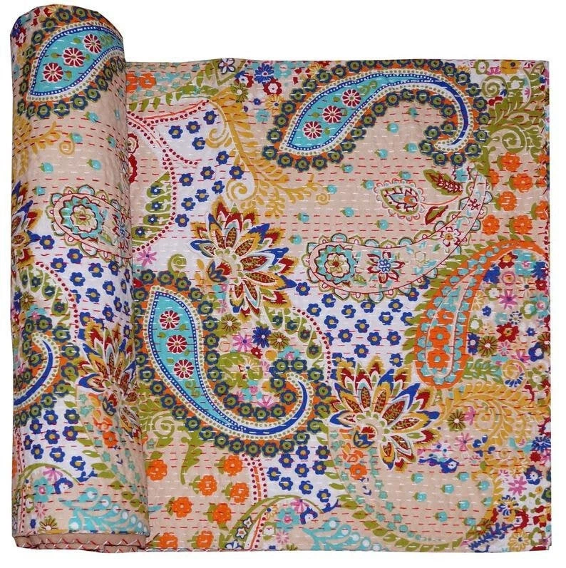 Colcha Kantha de algodón indio hecha a mano beige ropa de cama tamaño king tiro pájaro Foto 2 de 4
