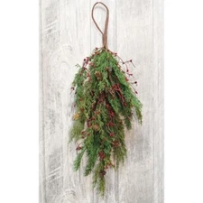 New Primitive Farmhouse Christmas CEDAR PINE RED BERRY TEARDROP SWAG Wreath 27"