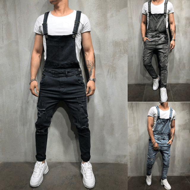 Men Distressed Denim Overalls-Suspender Trousers Bib Pants Skinny Jean Jumpsuits